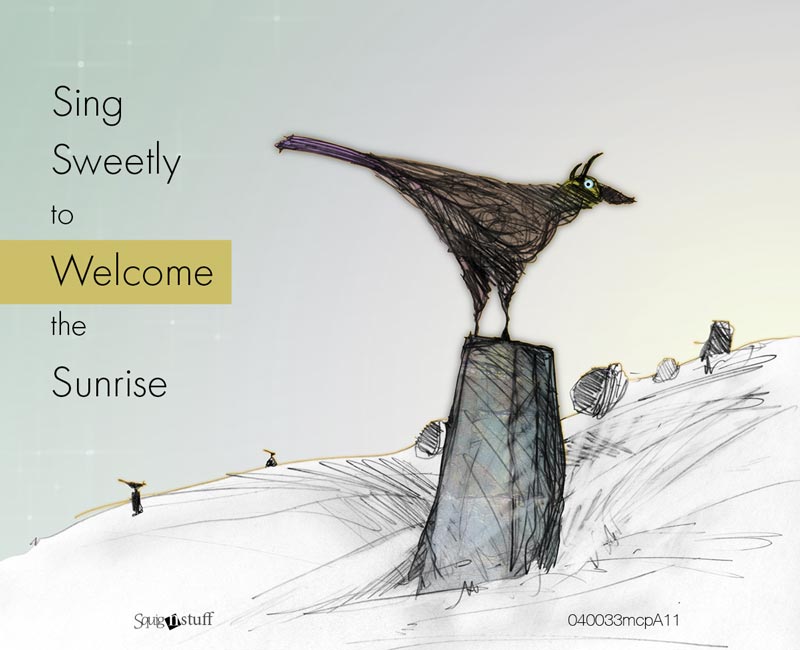 Mug-Artwork for Cowbirds atop of Standing Stones and who are preparing to sing to the Sunrise